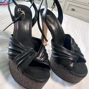 Michael Kors Black Knotted Leather Platform Sandals with Ankle Tie